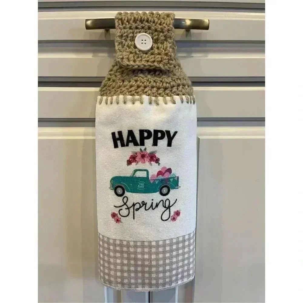 COPY - Crochet Top Kitchen Towel- Happy Spring antique Pickup Truck Flowers